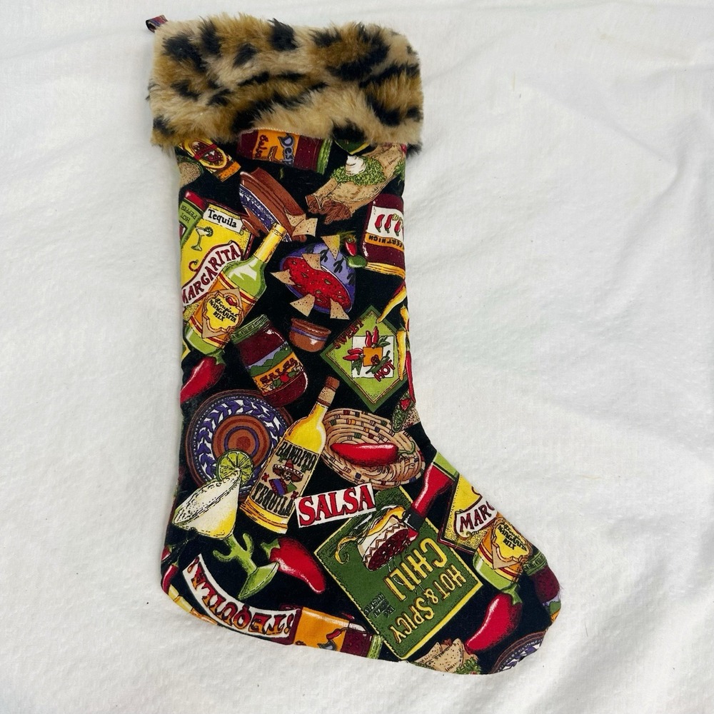 Christmas Stocking Chile Peppers Hot Salsa Tequila Spicy Faux Fur Trim Lined 14"